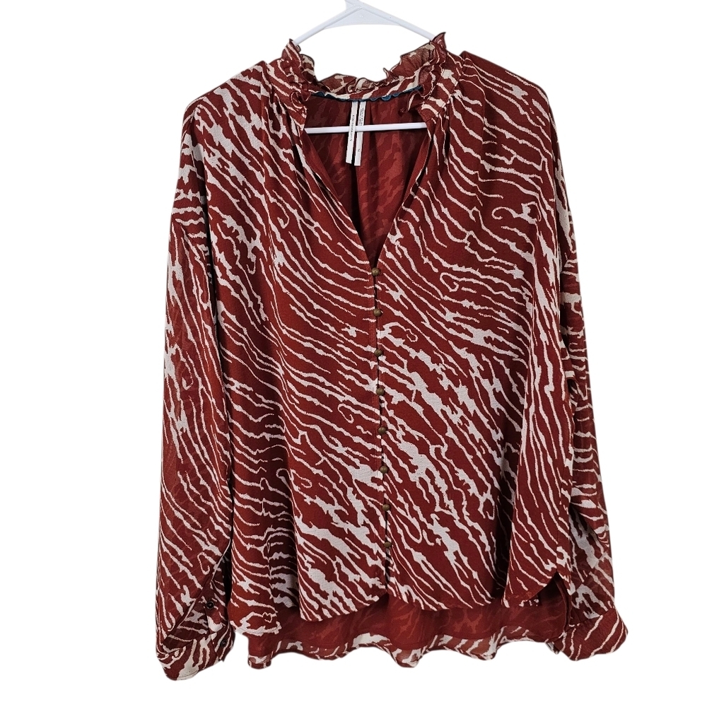 Anthropologie Tiger Animal Primted Terracotta Rust Cream Blouse